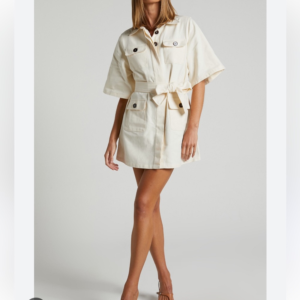 Showpo cream utility style belted mini dress - Picture 2 of 12
